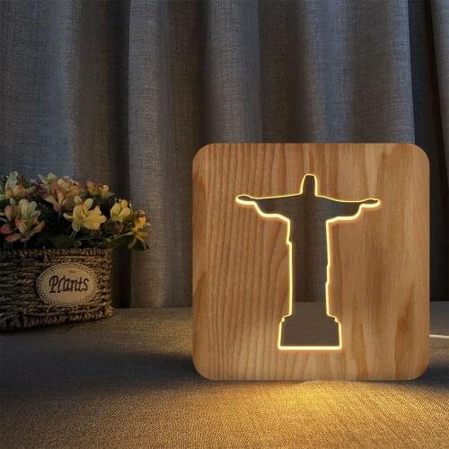 Creative 3D Night Lights Jesus Wooden Table Lamps Childrens Bedside Lamp USB Light Wood Craft Lights Decorative Home Decore