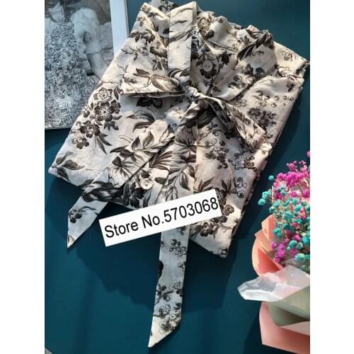 Ladies Cotton Bow Ties Ribbons Flower Birds Buttonfly Printing Blouse Shirt Top - Elfstyle Store Online