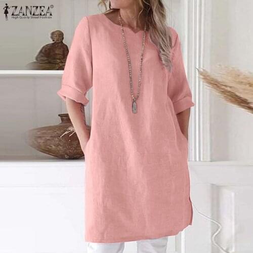 ZANZEA Womens O Neck 3/4 Sleeve Long Blouse Casual Shirt Summer Cotton Side Split Tops Female Work Office Chemise