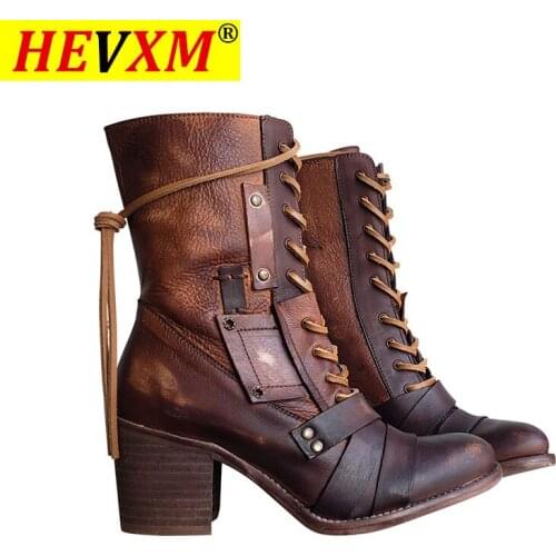 2020 New Women Winter Outdoor Lace-up Ankle Boots Ladies Square Heel PU Boot Plus Size 35-43 Casual Booties Woman Zapatos Mujer