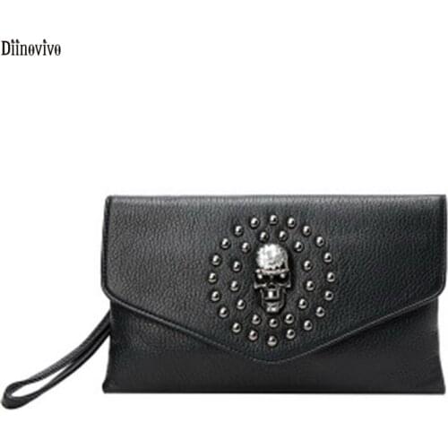 Diinovivo Rivet Skull Women Clutch Bag 2021 New Punk Style Female Underarm Bag PU Leather Shoulder Crossbody Bag Black WHDV1680