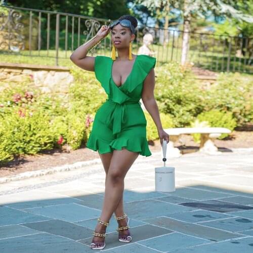 2021 Best Quality Fashion Design Playsuits Solid Ruffles V-neck Sleeveless Summer Casual Bodycon Rompers