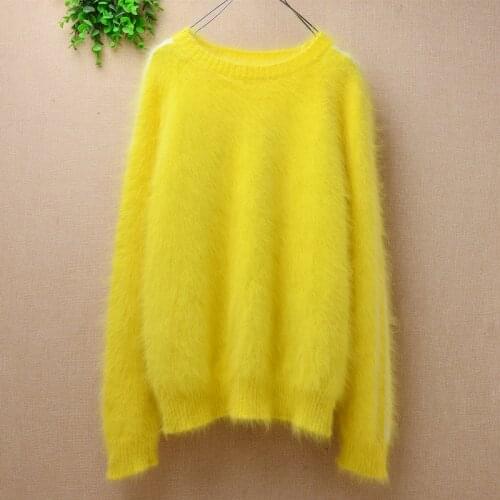 Female women short style crop top mink cashmere long sleeves slim pullover blouses winter angora rabbit fur jumper sweater tops