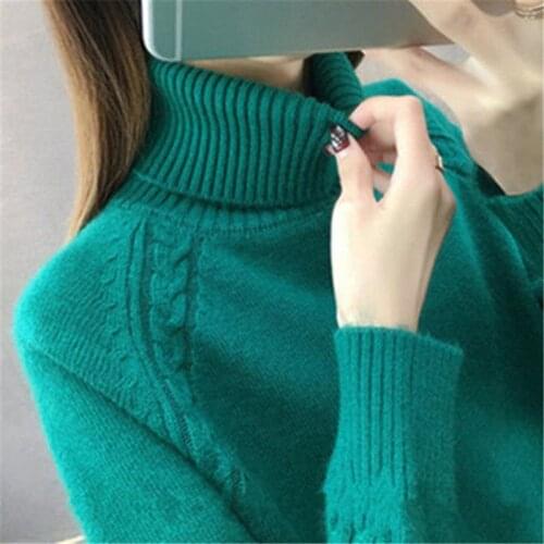 Korean Women Soft Turtleneck Sweater Green Basic Casual Knit Jumper Warm Sweater Slim Pull Femme Top Elasticity Winter Pullovers