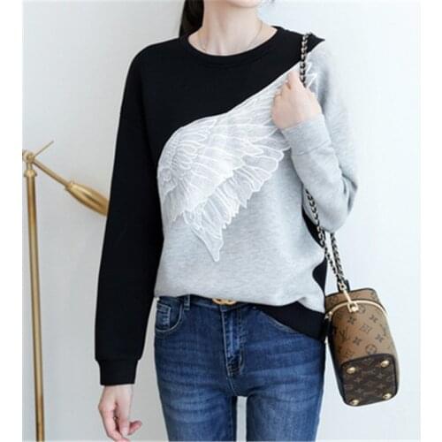 Women Spring Autumn Casual O-Neck Long Sleeve Tops Female Patchwork Wing T-Shirt Lady Loose Pullover Black Gray Tee Hooded Tees