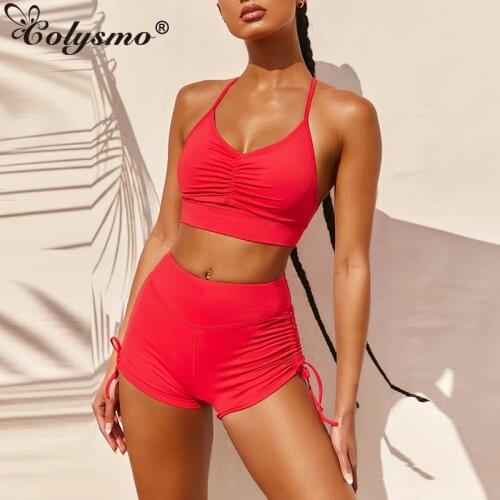 Colysmo Tracksuit Women Two Piece Set 2020 Summer Side Pleat Crop Top High Waist Shorts Sets White Sexy Casual Active Set Yellow