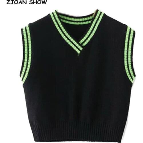 2021 Preppy Style Green Strip Black Knitted Sweater Vest Women 90s Vintage Korean Clothing Striped V Neck Tank Top Y2K Knitwear