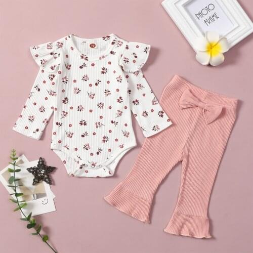 Newborn Baby Girl Clothes Set Cotton Ribbed Floral Print Romper Tops Flare Pants 2Pcs Autumn Toddler Infant Clothing Outfits