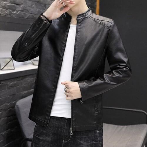2021mens Stand Collar Leather Jacket Youth Slim PU Leather Trendy Handsome Leather Jacket