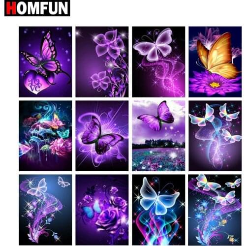 HOMFUN 5D Diamond "Butterfly purple flower" Diamond Embroidery Full Round/ Square Diy Diamond Painting Cross Stitch Home Decor