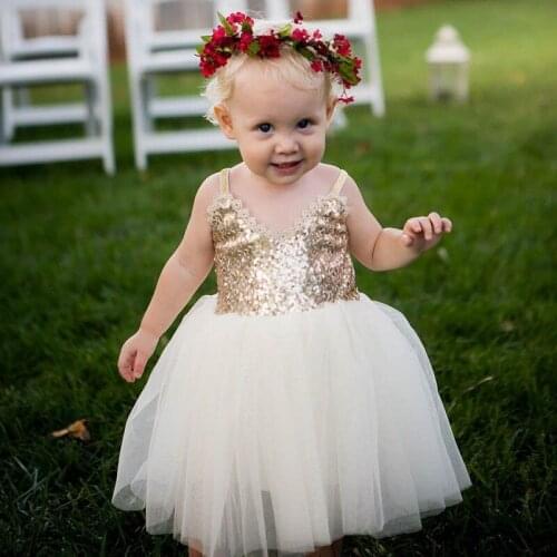 Ball Gown Straps Mid-Calf Flower Girl Dress for Weddings 2019 White Tulle Gold Sequins Little Girls Birthday Party Gowns