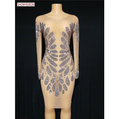 Sparkly Silver Rhinestone Mirror Elastic fabric short Dress Women Birthday Stage play Celebrate Dress Dancer Party Show Dress