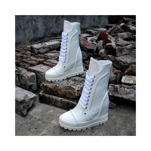 Women‘s Shoes White Genuine Cow Leather Causal Women Ankle Boots Sneakers Wedge Ladies Height Increase Lace Up Winter Botas