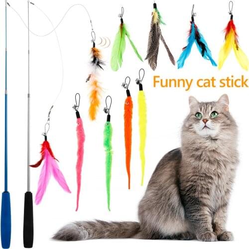 Interactive Cat Feather Toy Feather Teaser Stick Wand Pet Retractable Feather Bell Refill Replacement Catcher Product for Kitten