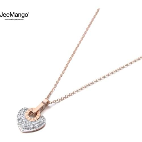 JeeMango Trendy Titanium Steel White/Black Clay Rhinestone Heart Charm Necklace Lovely Pendant Chain Necklace For Women JN19112