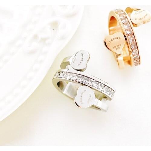 StainlessSteelJewelry classic original silver heart-shaped rose gold color letter ring couples jewelry fashion heart-shaped ring