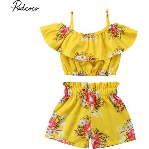 Pudcoco 2018 Summer Flowers Children Girls Clothes Set Kid Girls Floral Strap Tops Shorts 2PCS Outfits Set Yellow 1-5T