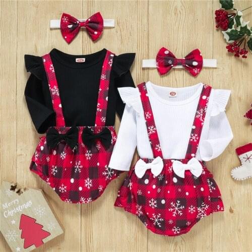 Baby Girls XMAS 3Pcs Clothes Set, Solid Color Long Sleeve Tops, Plaid Snowflake Print Suspender Shorts and Headdress 0-18Months