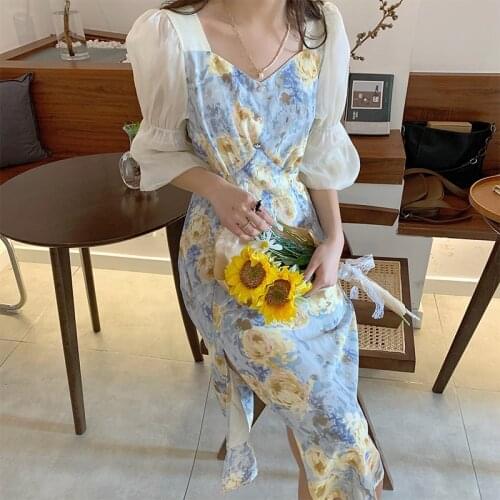 Summer Elegant Floral Dresses Women French Vintage Split Designer Sweet Yellow Dresses Casual Puff Sleeve Party Midi Dress 2021