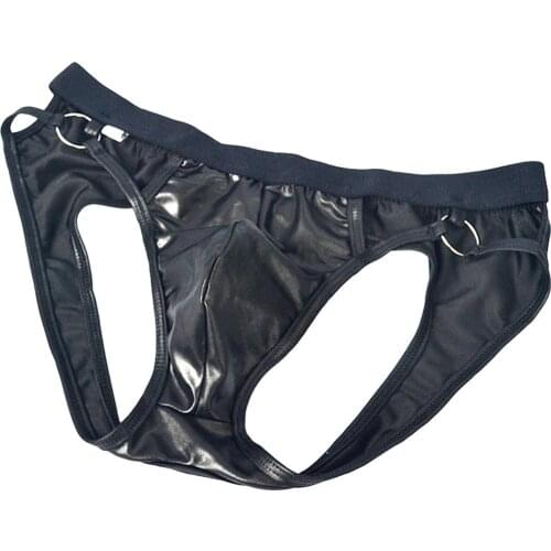Metal Ring Backless Briefs Latex Underwear Men Sex Underpants Open Erotic Briefs for Men Imitation Leather Lingerie