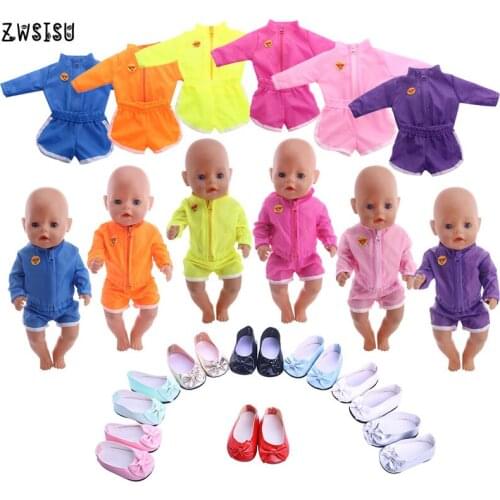 Doll Clothes 6 Pcs Solid Colors Sportswear Space Suits&Bowknot Shoes For 18 Inch American Doll&43 Cm Baby Doll Generation Girl