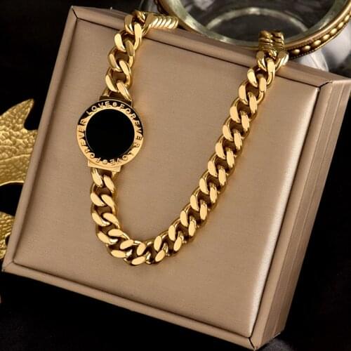 Colorfast stainless steel Roman round necklace, one side double-sided inlaid pendant, hip-hop fashion simple female gift jewelry