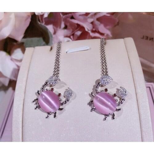 Hot Selling 925 Sterling Silver Natural Pink Cats Eye Opal Stone Crab Shape Pendants Necklaces For Women Fine Jewelry Gift
