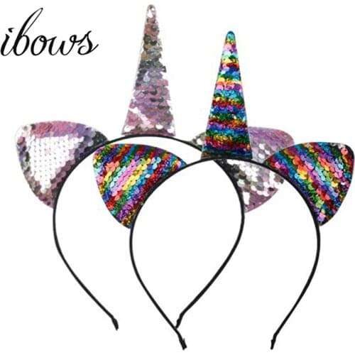 Unicorn Reversible Sequin Headband Horse Horn Decoration Boutique Children Headband Photography Props Girls Hair Accessories