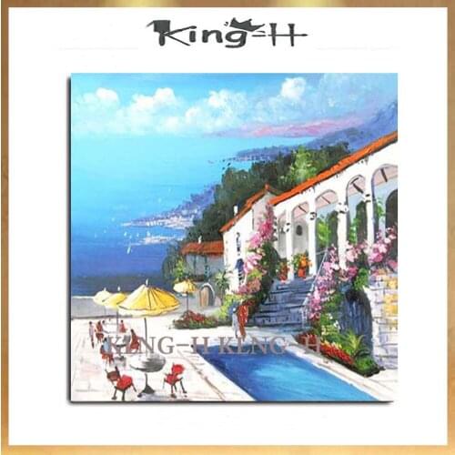 Paleta pintada a mano cuchillo el mar barcos de pesca pintura al óleo de atardecer lienzo Hogar Moderno decoración de sala de es