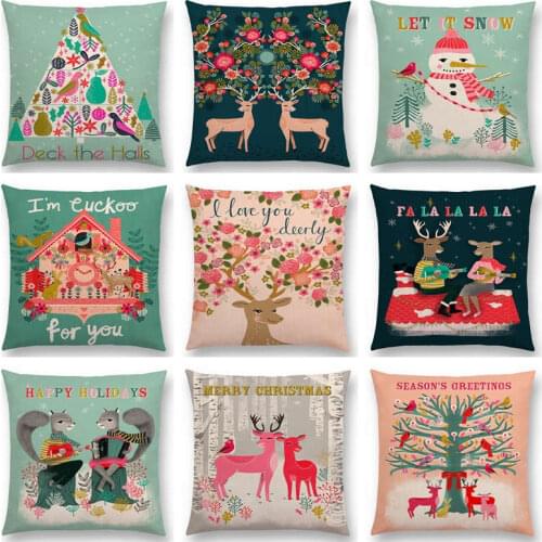 Merry Christmas Colorful Tree Lovely Deer Birds Flowers Holiday Bell Snowman Cute Squirrels Cushion Cover Sofa Throw Pillow Case