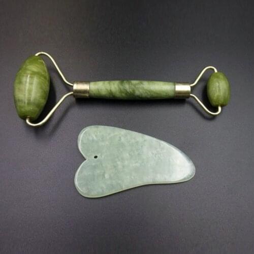 2 in 1 Green Roller and Gua Sha Tools Set by Natural Jade Scraper Massager with Stones for Face Neck Back and Jawline
