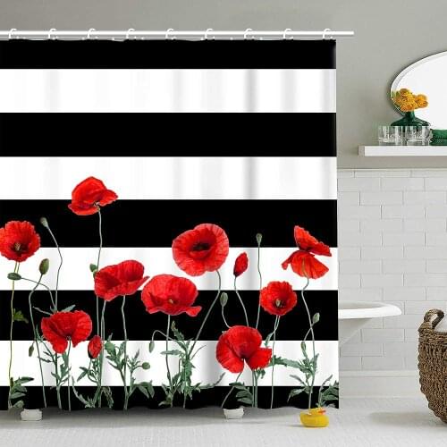 Flower fabric Shower curtain set with 12 hooks, black and white striped bathroom curtains decorative