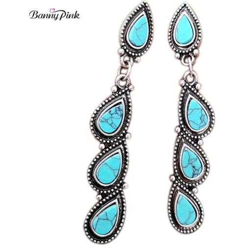 Banny Pink Bohemia Turquoises Statement Earrings For Women Vintage Stone Leaf Stud Earrings Indian Long Chandelier Stud Earrings