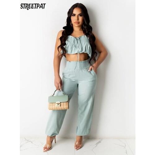 Sexy Wide Leg Pants Suits 2 Two Piece Set Women Backless Halter Top Elegant Ruched Elastic Waist Matching Outfits Summer