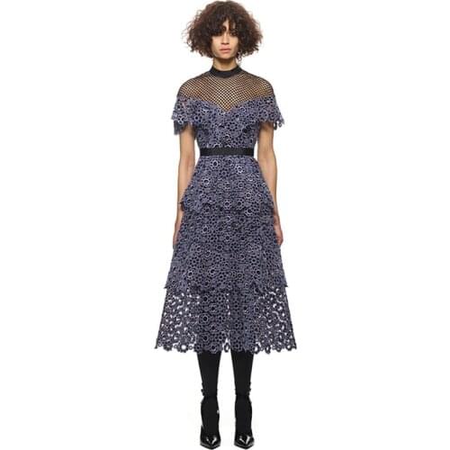 Self-Portrait Summer Lace Dress Women Runway Hollow O-Neck Patchwork Long Dress High Waist Floral Embroidery Party Dress A936