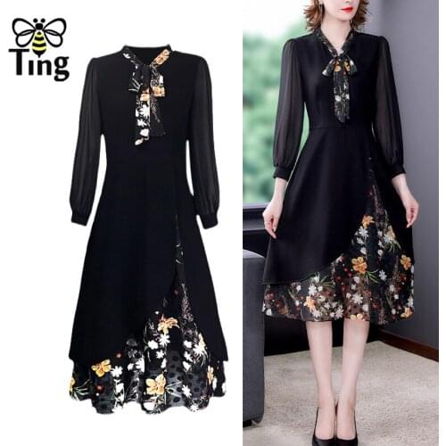 Tingfly Vintage Elegant Floral Printing Spring Autumn Black Knee Length Dress Women Plus Large Size Vestidos Zaful Robes Clothes