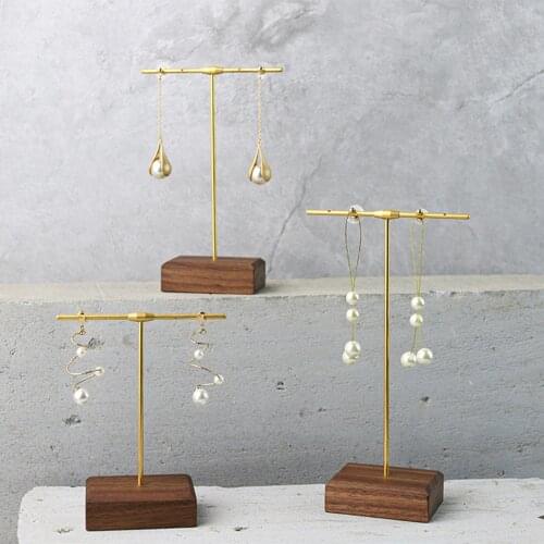 Brown Rectangular Base Golden T/L Bar High-end Black Walnut Wood Earrings Display Stand Storage Photo Prop Jewelry Organizer 1PC