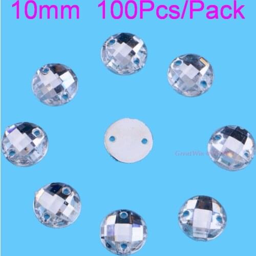 10mm 100pcs/pack Sew On Acrylic Beads 2 Holes Round Sewing On Crystals Rhinestones Flatback For Garment Shoes Bags DIY