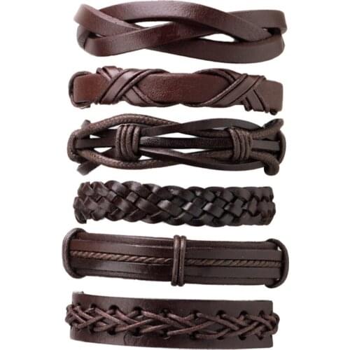 2020 6pcs/pack Handmade PU Leather Black Unisex Men Women Braided Casual Bracelets Multilayer Bangles Stylish Jewelry Gift#3