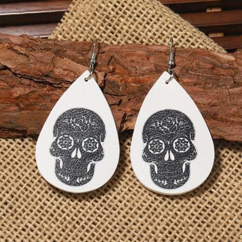 2021 Wholesale 1 Pair New Halloween PU Leather Earrings Black Drop Ghost Skull Women Dangle Earring Jewelry Party Gifts