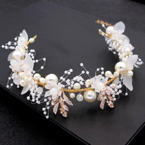 Big Pearl White Yarn Flower Headband Wedding Hair Accessories Gold Rhinestone Leaf Bridal Tiara Headband Wedding Hair Jewelry