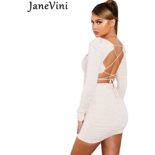 JaneVini 2021 Summer White Women Bodycon Mini Dresses Strapless Long Sleeve Sexy Backless Cross Bandage Pleated Satin Club Dress
