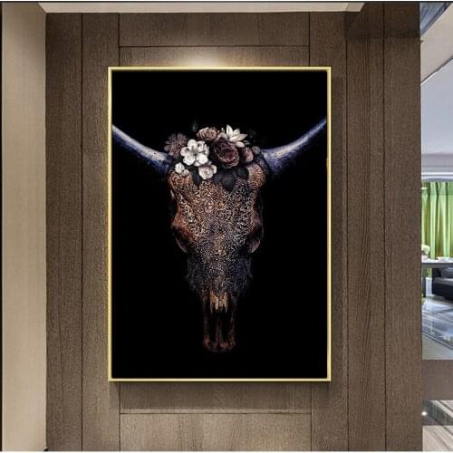 Canvas Painting wall art Posters Nordic Bull skull carved pattern Wear flowers on your head Room Decoration Modern art painting