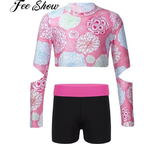 Girls Yoga Sets Sportswear High Neck Long Sleeve Gym Sports Crop Top with Elastic Waist Training Fitness Shorts Workout Clothes