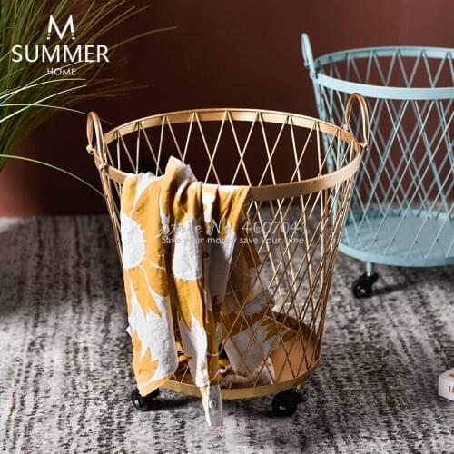 Nordic Fashion Laundry Basket Wheeled Metal Golden round Dirty Clothes Storage Home Creative Organizer Multicolor Clothes Basket
