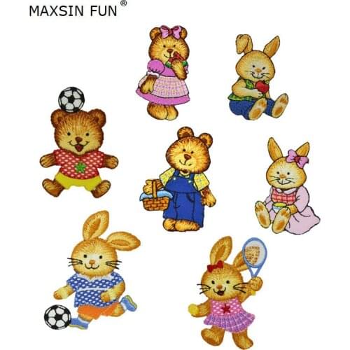 AHYONNIEX 1 PC Bear Sport Rabbit Embroidery Repair stickers Jacket Jeans Cute Iron On animal Patches For Kids Clothes Applique