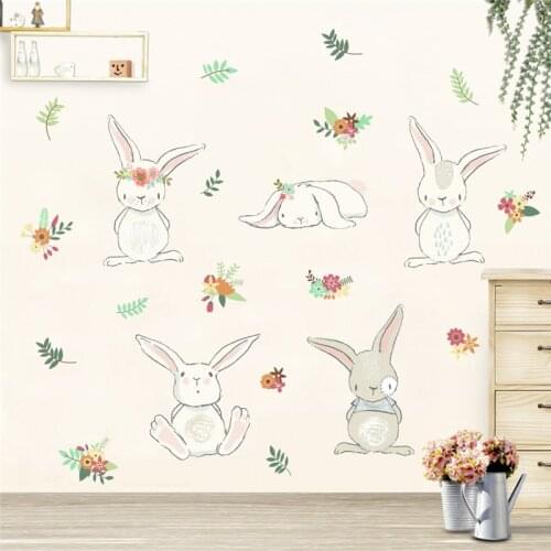 Lovely White Rabbit Wall Stickers For Kids Bedroom Decoration Cartoon Animals Bunny Mural Art Diy Home Decals Children Gift