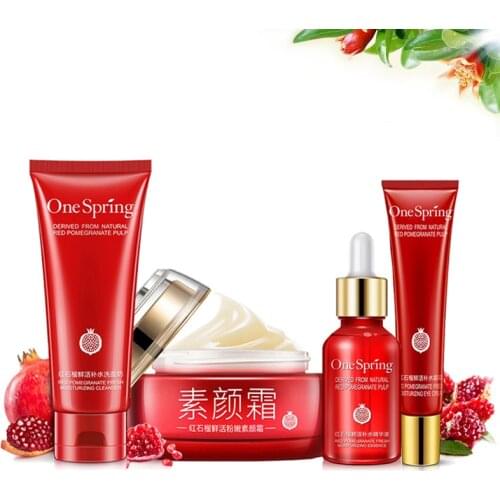 Red Pomegranate Skin Care Set Face Essence Refresh Keep Nourishes Eye Cream Anti Wrinkle Beauty Cream Base Cream Hide Pores