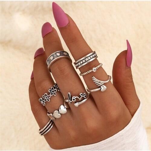 WUKALO New Women Fashion Rings Set Silver Color Heart Ring for Women Party Wedding Charm Jewelry