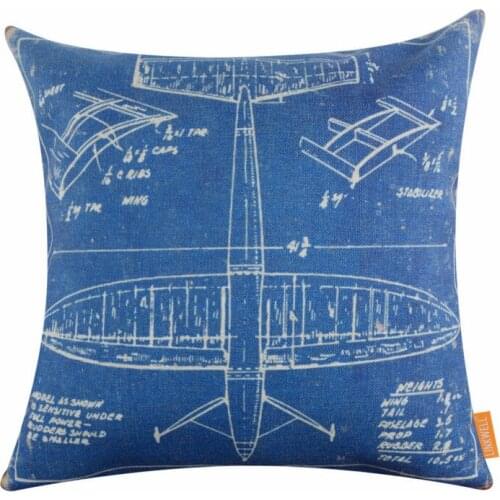 LINKWELL 18"x18" American Style Blue Airplane Patent Design Draft Drawings Aircraft Plane Burlap Pillow Cushion Cover Pillowcase
